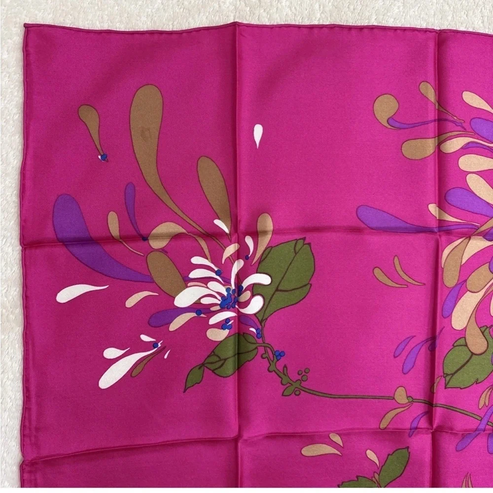 Christian Dior Silk Scarf 30in Fuchsia Pink Floral Botanical Leaves Design